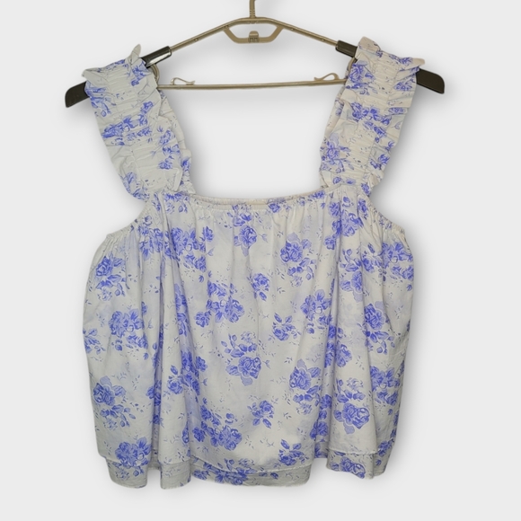 Hyacinth House Tuckernuck Sleeveless Ruffle Top XXL White Blue Chintz Floral - Picture 3 of 6